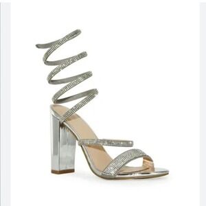 Windsor Rhinestone Spiral Wrap Silver High Block Heel Sandals  Shoes Size 8